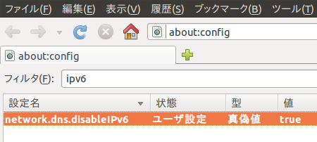 Ubuntu 10.10 Firefox IPv6 無効化